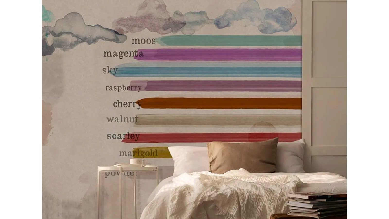 Carta da parati con righe e macchie di colore dipinte ad acquarello Colour me baby WPC_705 di Caos Creativo by Rossi&Co