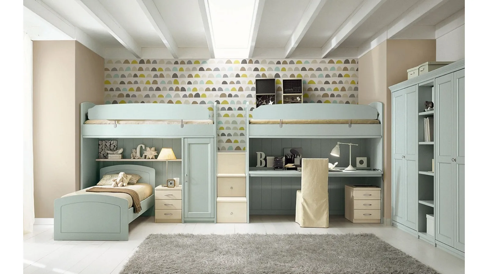 Cameretta in legno finitura Azzurro fiordo a soppalco N16 Nuovo Mondo con tre letti di Scandola