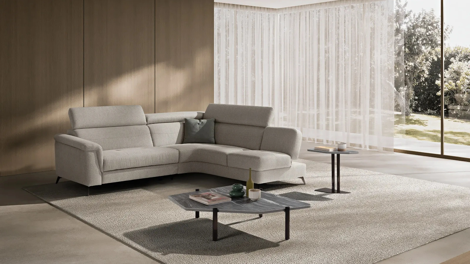 Divano relax angolare in tessuto con poggiatesta reclinabili Loren di Max Divani