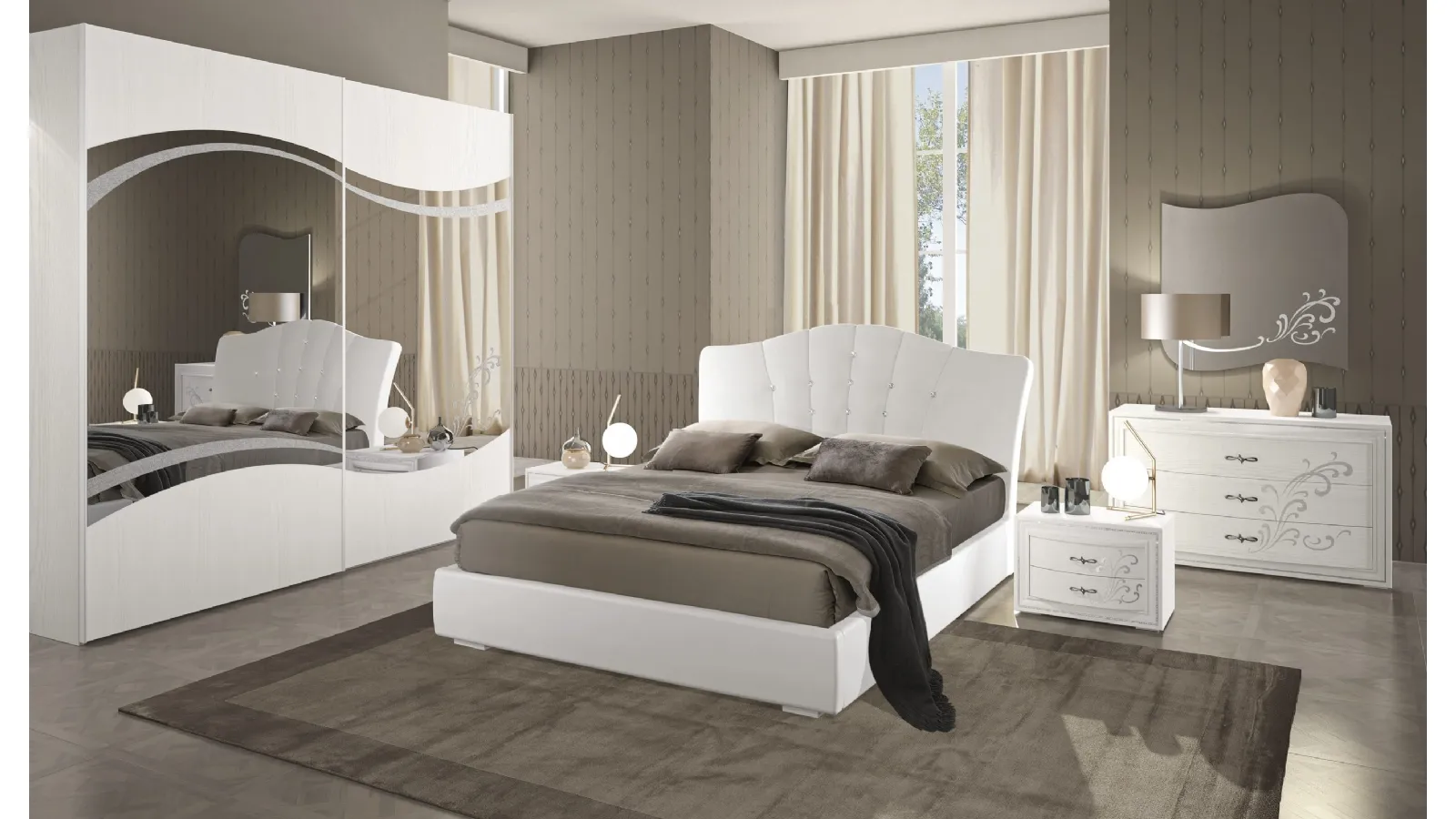 Letto con testiera in ecopelle con particolare in frassino bianco Kelly di Adriatica