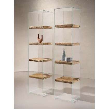 Libreria Frost con struttura in vetro trasparente e ripiani in legno Secolare naturale di Nature Design