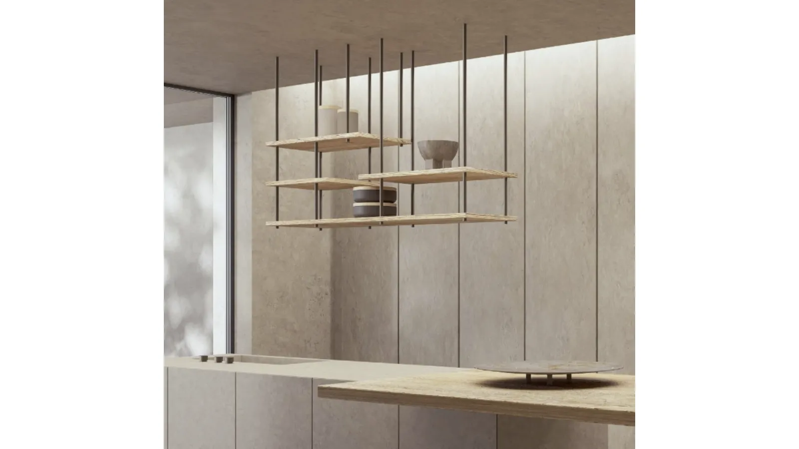 Libreria sospesa Random Kitchen con ripiani in legno Secolare naturale e struttura in metallo di Nature Design