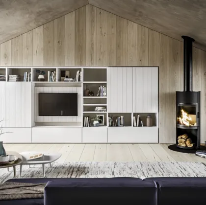 Parete Attrezzata in legno finitura bianco gesso con TV a scomparsa M05 Maestrale di Scandola