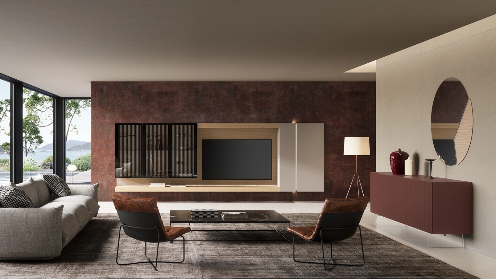 Parete Attrezzata Soggiorno Lucifer con schienale Quercia di Voltan