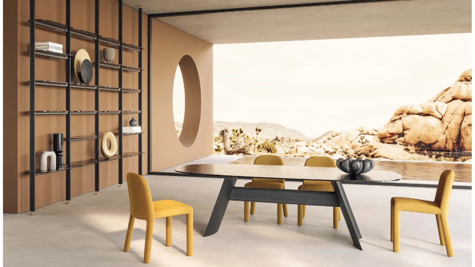 Tavolo Wave in vetro cotto Fumé con base in Rovere Nero e metallo di Nature Design