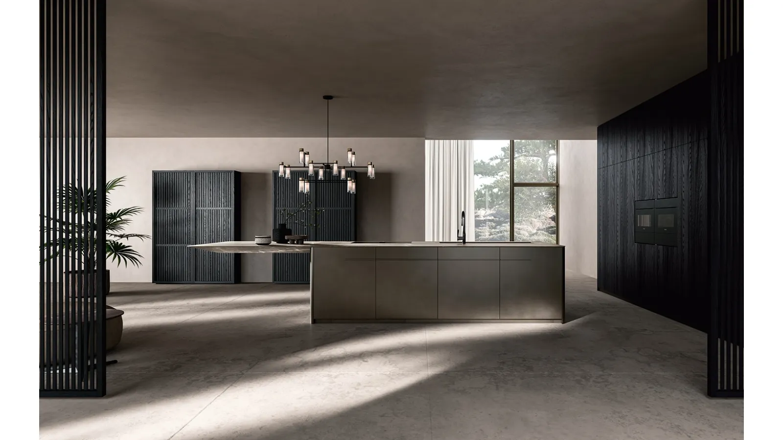 Cucina Design con isola Haiku in laccato finitura bronzata, a peltro, effetto metallico con top in marmo di Key Cucine