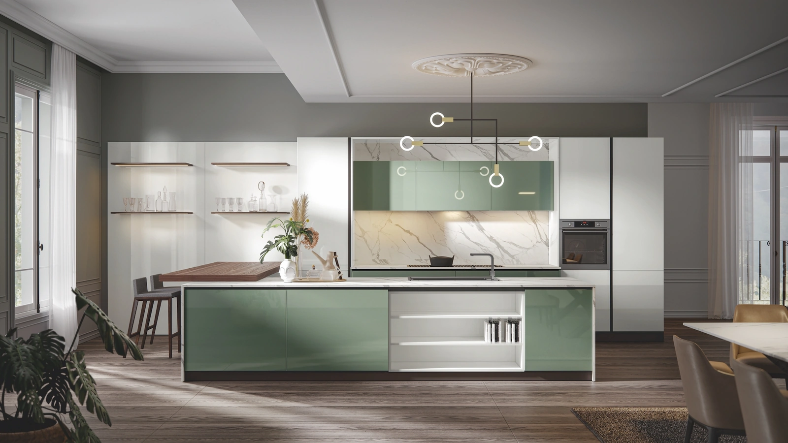 Cucina Moderna Era con penisola in PVC laccato lucido Salvia e Candido Home Cucine