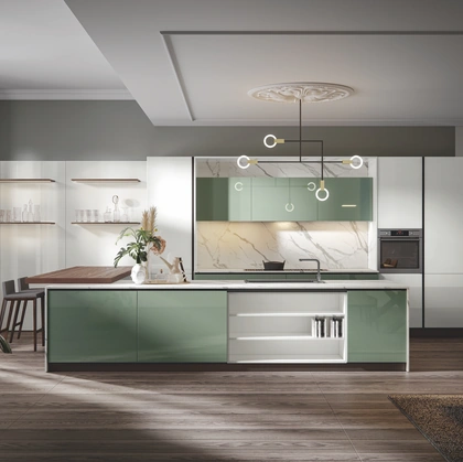 Cucina Moderna Era con penisola in PVC laccato lucido Salvia e Candido Home Cucine