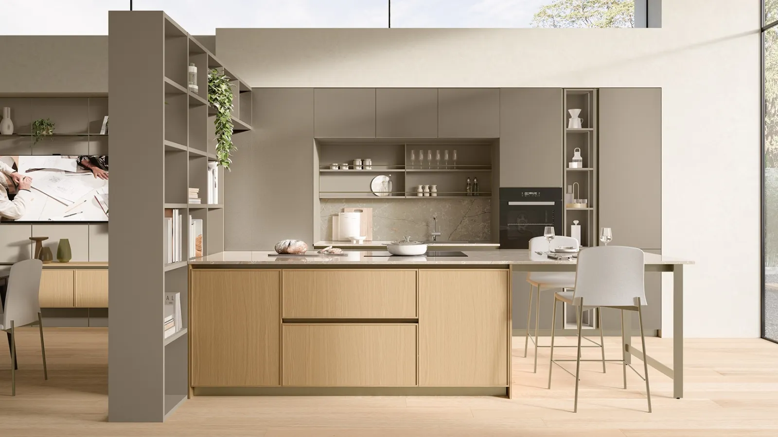 Cucina Moderna in vetro mopaco Alabastro con penisola in Rovere Sakura 02 di Veneta Cucine