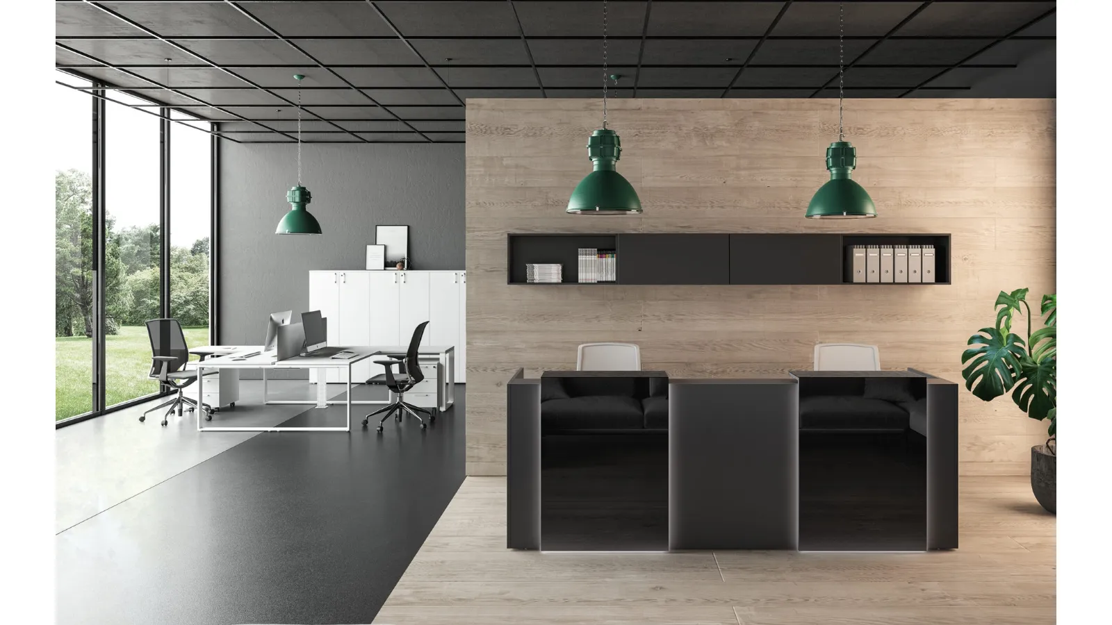 Reception a due postazioni in laccato con pannello frontale retroilluminato in vetro Funny 2019 04 di About Office
