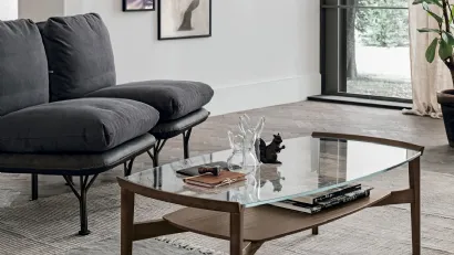 Tavolino in vetro Bloom con struttura in rovere carbone e top in vetro di Tomasella