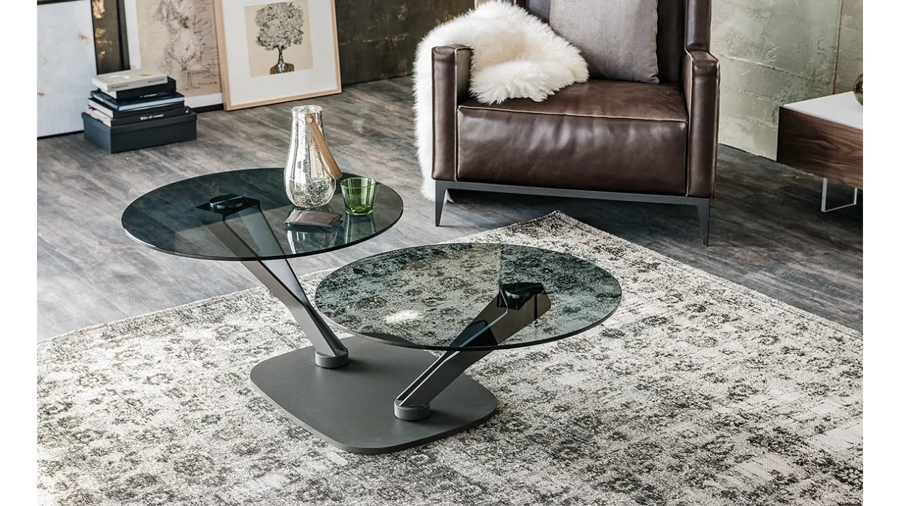 Tavolino in acciaio con doppio piano circolare in vetro Viper di Cattelan Italia