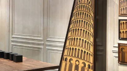 Mobile contenitore in legno intarsiato Palazzi Torre di Pisa di Arte Brotto