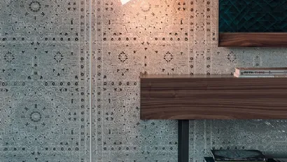 Lampada da terra con base in cemento e paralume in cotonette Karibù di Cattelan Italia