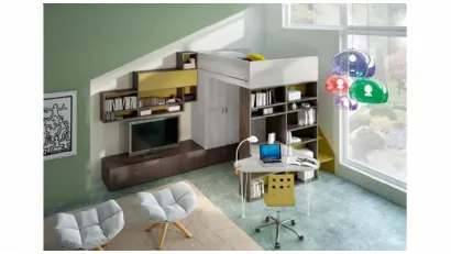 Cameretta per Ragazzi 705 A B a soppalco con zona living e zona studio in larice e olmo di Ferrimobili