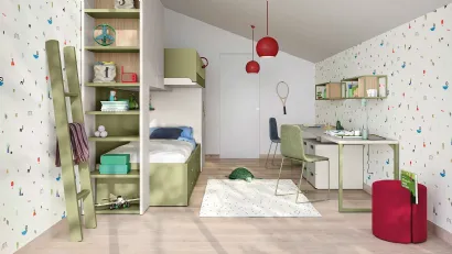 Cameretta a soppalco con scrivania Kids space 17 in melaminico di Nidi