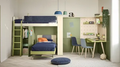 Cameretta a soppalco con scrivania Kids space 11 in melaminico di Nidi
