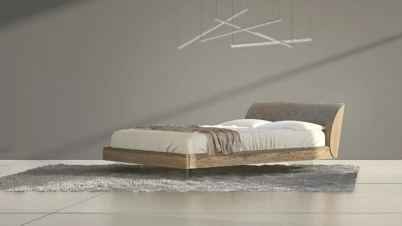 Letto matrimoniale in legno quercia con piedi in vetro e LED Elite di Voltan