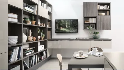 Libreria a muro Living finitura Cedro Scuro di Veneta Cucine