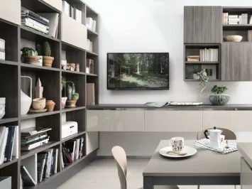 Libreria a muro Living finitura Cedro Scuro di Veneta Cucine