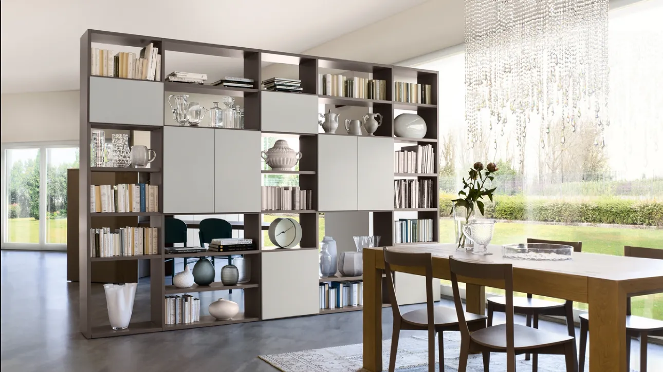 Libreria Living in laccato opaco finitura Grigio Corda e Marron Visone di Veneta Cucine