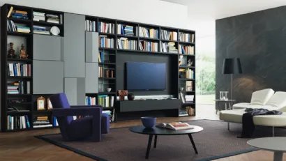 Libreria con vano porta TV Modo M6C72 in laccato opaco e Rovere carbone di Sangiacomo