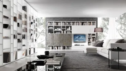 Libreria a muro in melaminico effetto marmo e laccato bianco opaco Pari&Dispari 02 di Presotto