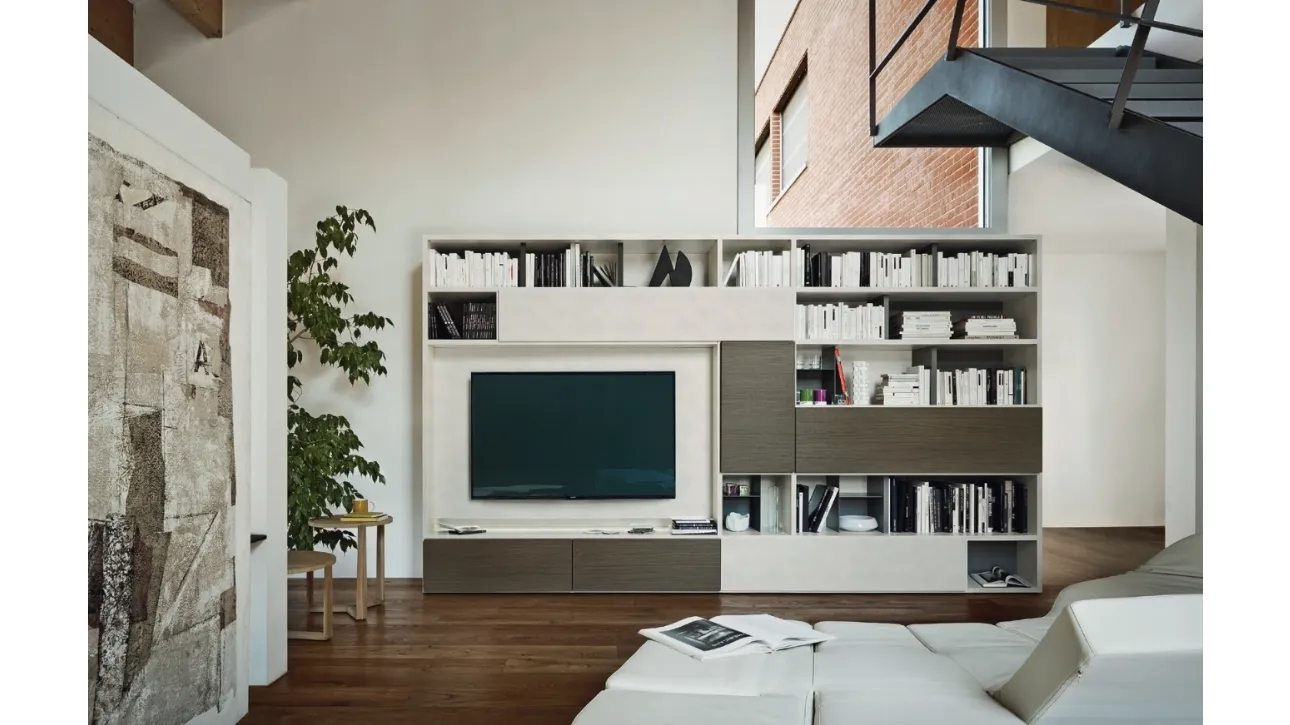 Libreria con vano porta TV Modo M6C73 in laccato opaco e materico Loto natura di Sangiacomo