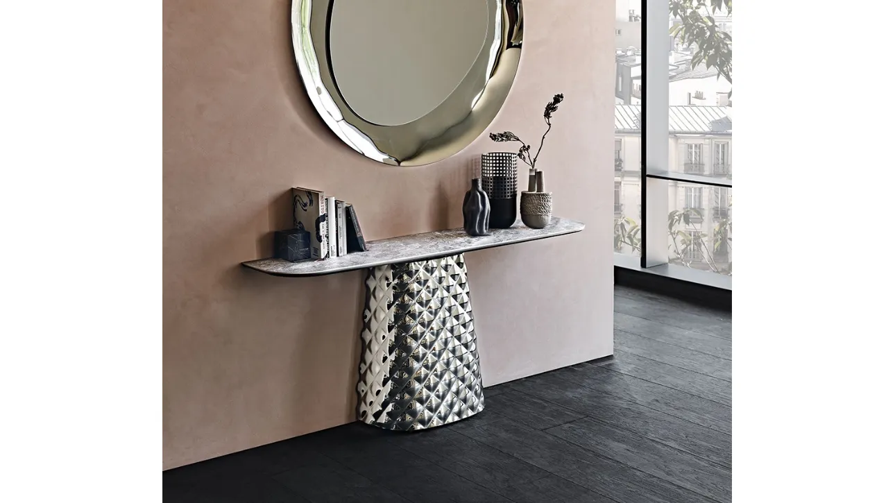 Consolle con piano in ceramica e base in cristallo specchiato Atrium Keramik di Cattelan Italia