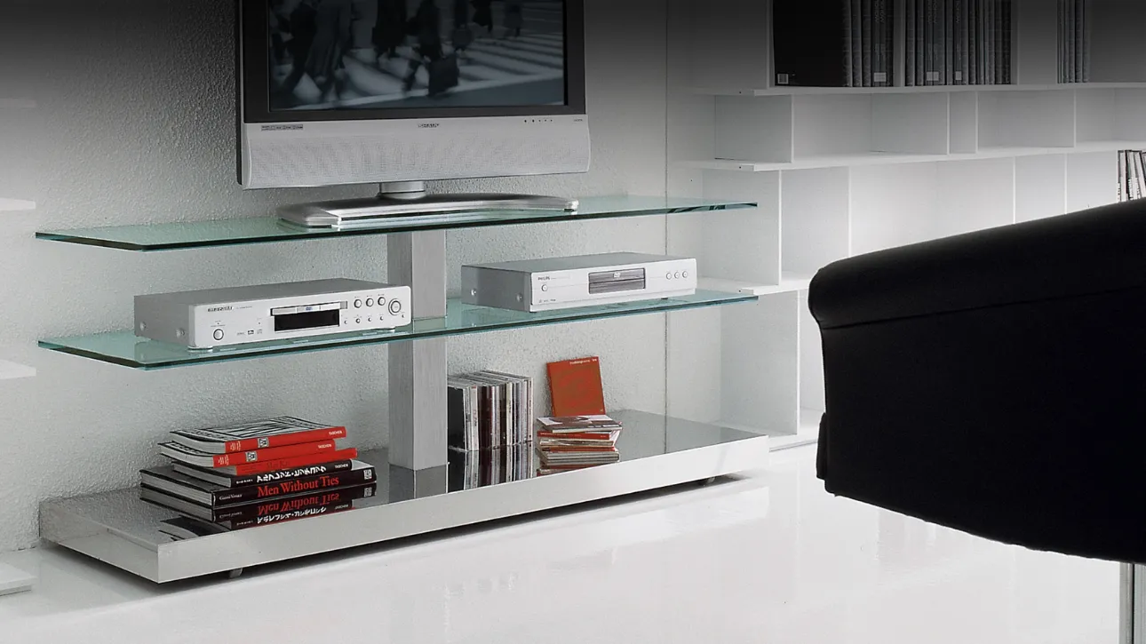 Mobile Porta Tv con ripiani in cristallo e struttura in alluminio Play di Cattelan Italia