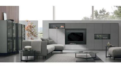 Parete Attrezzata Atlante UNIT AT202 in materico paglia grigio, materico rovere carbone e rovere carbone canettè di Tomasella