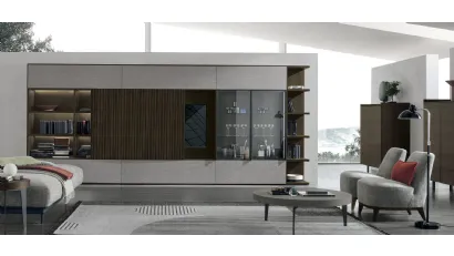 Parete Attrezzata Atlante UNIT AT211 in materico rovere moka, legno rovere moka canettè e materico piasentina scuro di Tomasella