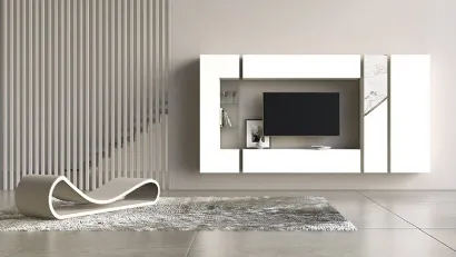 Parete Attrezzata Comp 12 in laccato opaco bianco, ceramica e bronzo graffiato di Voltan