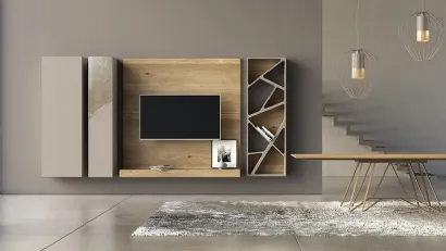 Parete Attrezzata Comp 14 in laccato opaco, ceramica e bronzo graffiato con spalla e piano d'appoggio in legno di quercia di Voltan