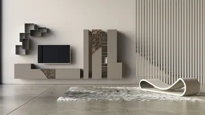 Parete Attrezzata in laccato opaco con inserti in ceramica e bronzo graffiato Comp 15 di Voltan