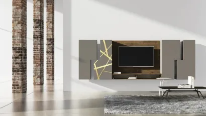 Parete Attrezzata sospesa in laccato opaco con inserti in bronzo graffiato e pannello per TV in legno Comp 17 di Voltan