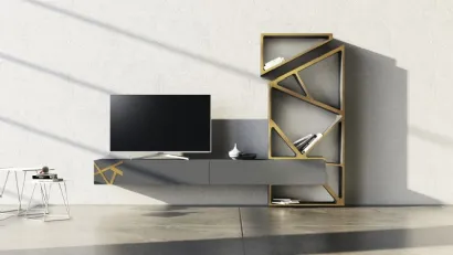Parete Attrezzata in laccato opaco con inserti in bronzo graffiato Comp 18 di Voltan