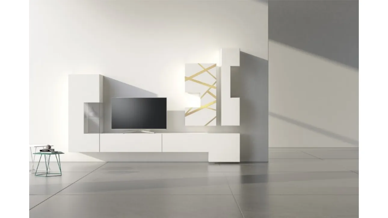 Parete Attrezzata in laccato bianco con inserto in bronzo graffiato Comp 16 di Voltan