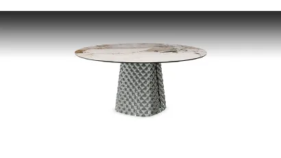 Tavolo con base in cristallo specchiato e piano in ceramica effetto marmo Atrium Keramik Round di Cattelan Italia