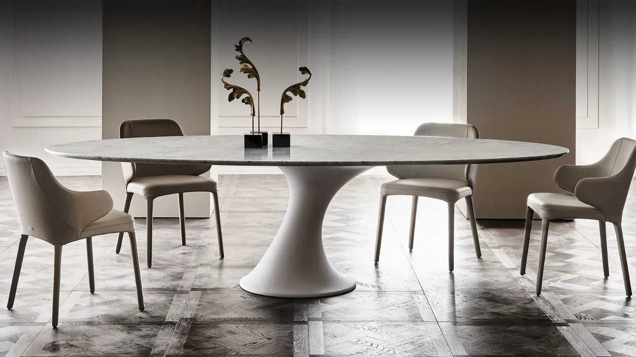 Tavolo con base in cristalplant bianco opaco e piano in marmo Reef di Cattelan Italia