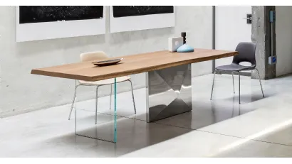 Tavolo Cubric con top in Legno e base in cristallo e acciaio di Riflessi