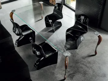 Tavolo rettangolare in vetro trasparente con gambe in legno curvate Tutù di Horm