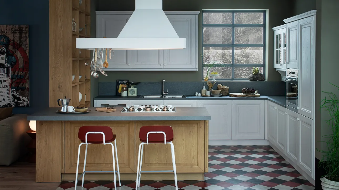 Cucina Classica con isola Pavese in Frassino laccato Bianco e Rovere naturale  di Veneta Cucine