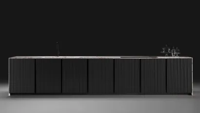 Cucina Design lineare KU45 Stripe in legno Nero con top e fianchi in marmo Melbourne di Key Cucine