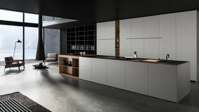 Cucina Design con isola Twins in laccato e Rovere con top in Gres finitura Nero Marquinia di Key Cucine