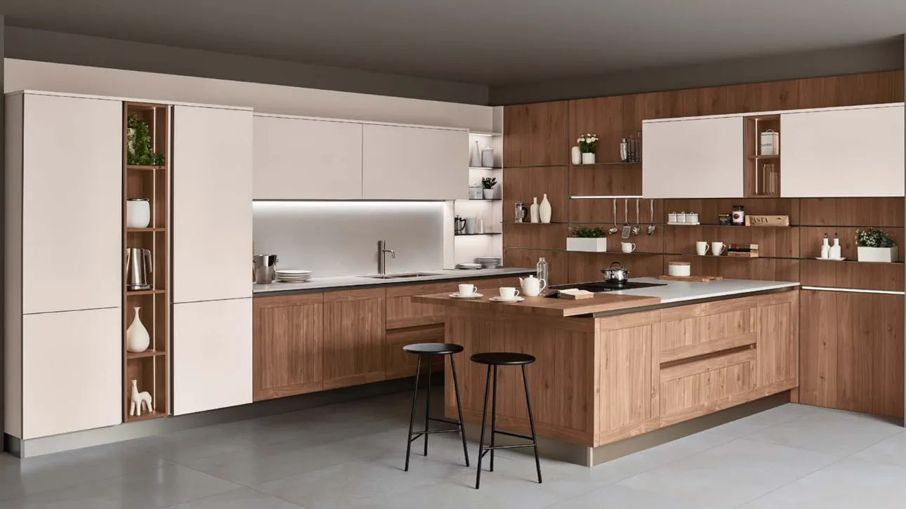 Cucina Moderna con penisola Armonia in Noce nodoso a doghe e laccato opaco di Veneta Cucine