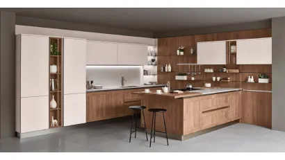 Cucina Moderna con penisola Armonia 02 in Noce nodoso a doghe e laccato opaco di Veneta Cucine