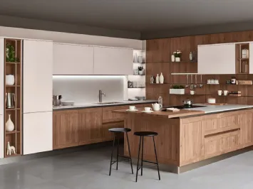 Cucina Moderna con penisola Armonia 02 in Noce nodoso a doghe e laccato opaco di Veneta Cucine