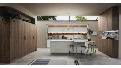 Cucina Moderna Lounge con isola in laccato Bianco Puro e Noce Nodoso di Veneta Cucine