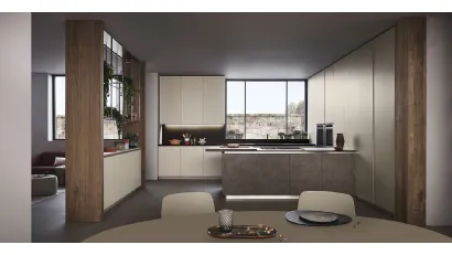Cucina Moderna Lounge con penisola in laccato Grigio Corda e Noce Nodoso di Veneta Cucine